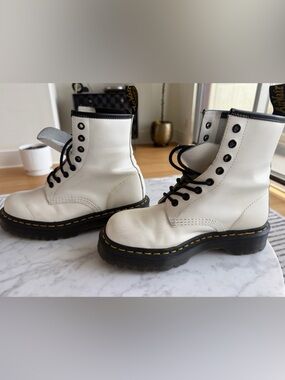 Dr. Martens White Lace-Up Platform Boots with Yellow Stitching